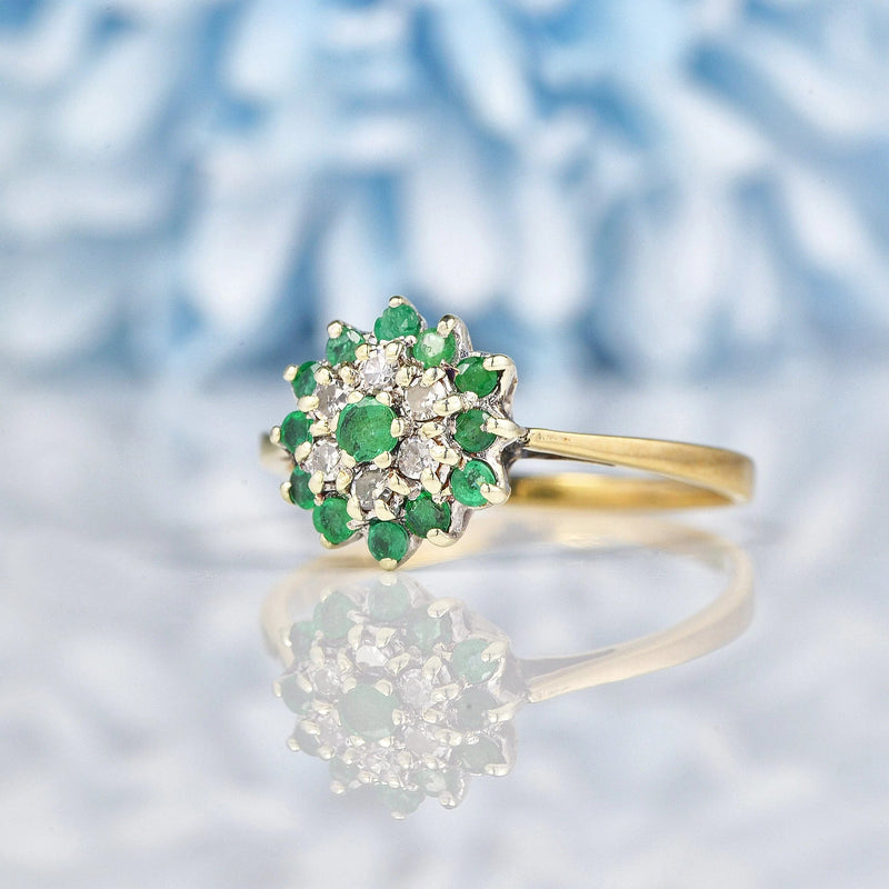 Ellibelle Jewellery Vintage 1980s Emerald & Diamond 9ct Gold Cluster Ring