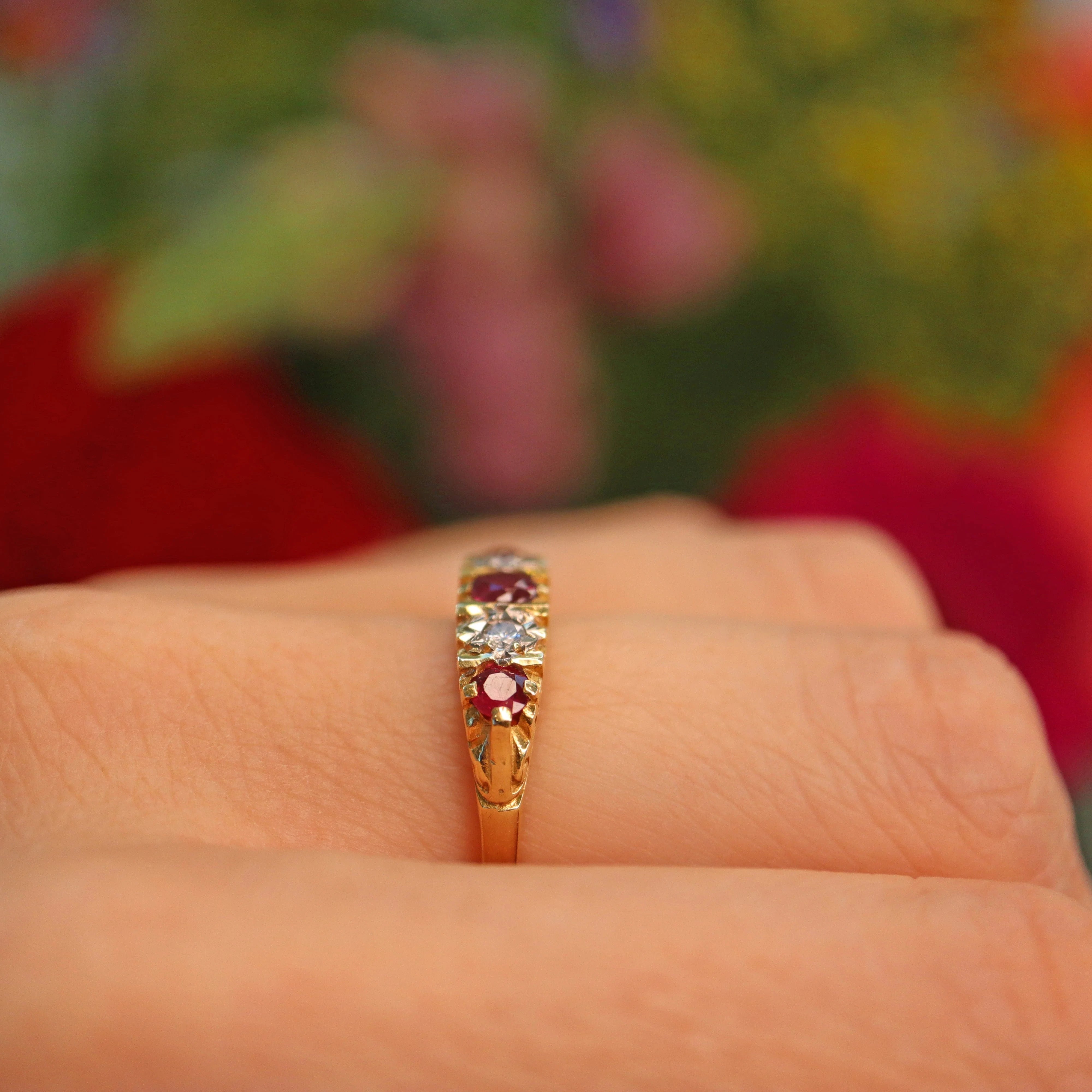 Ellibelle Jewellery Vintage 1980s Ruby & Diamond 18ct Gold Five Stone Ring