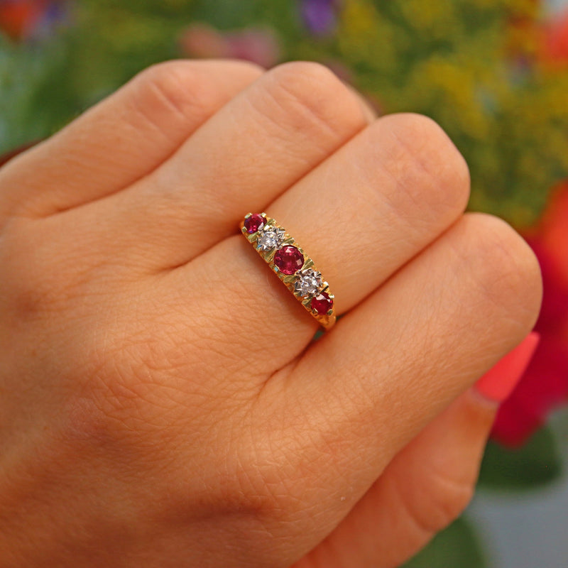 Ellibelle Jewellery Vintage 1980s Ruby & Diamond 18ct Gold Five Stone Ring