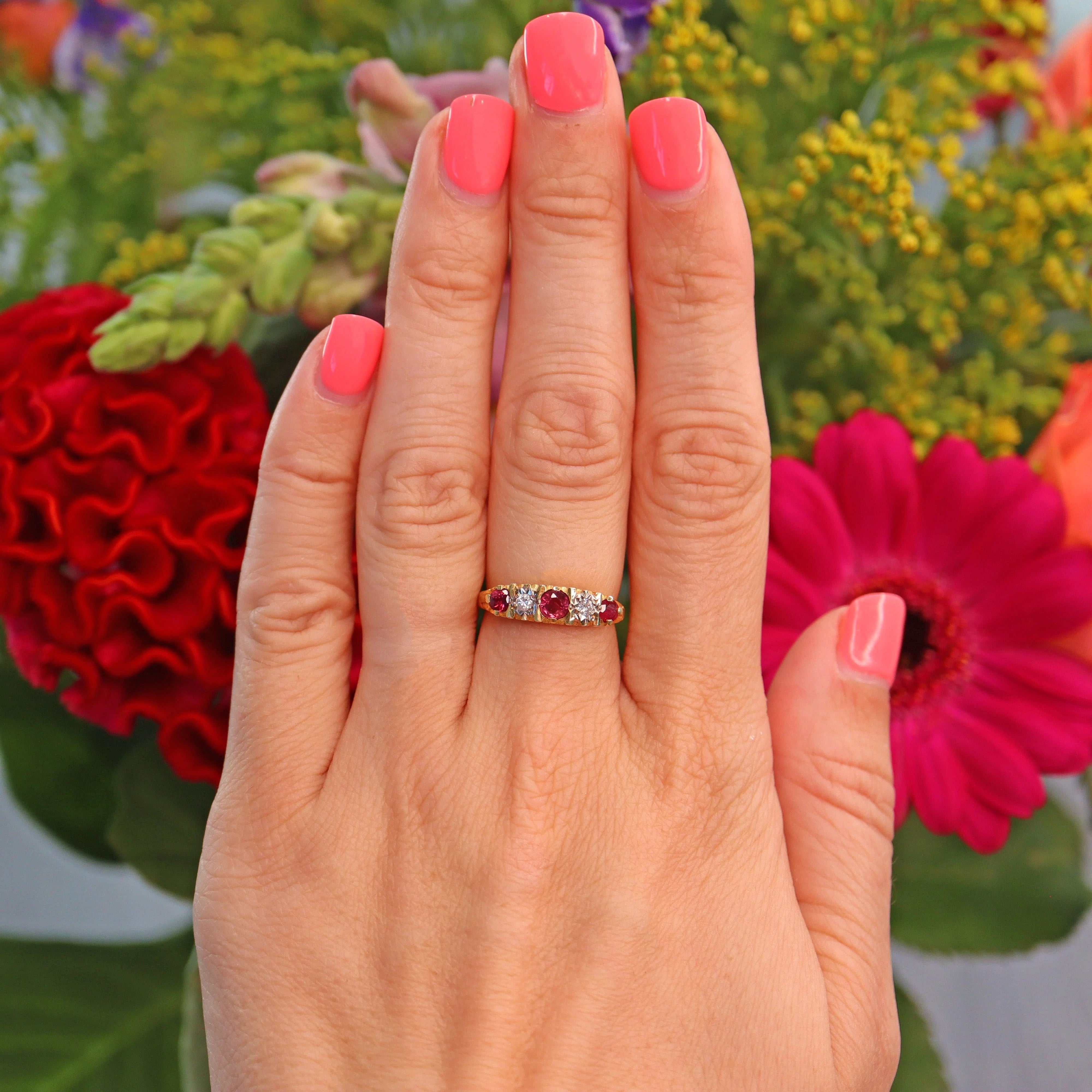 Ellibelle Jewellery Vintage 1980s Ruby & Diamond 18ct Gold Five Stone Ring