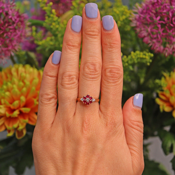 Ellibelle Jewellery Vintage 1980s Ruby & Diamond Gold Cluster Ring
