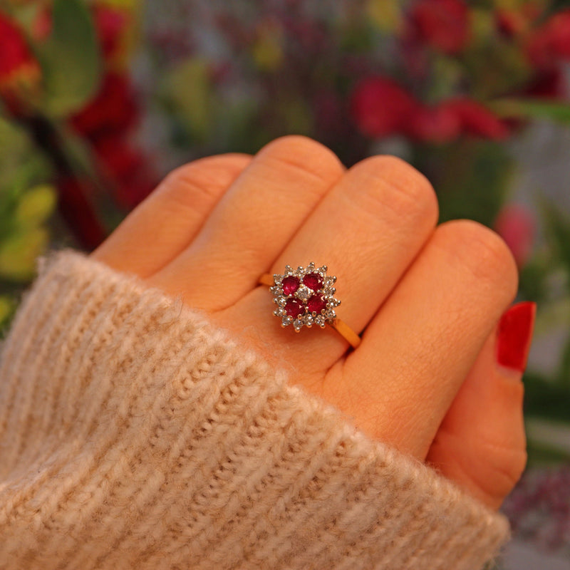 Ellibelle Jewellery Vintage 1980s Ruby & Diamond Square Cluster Ring