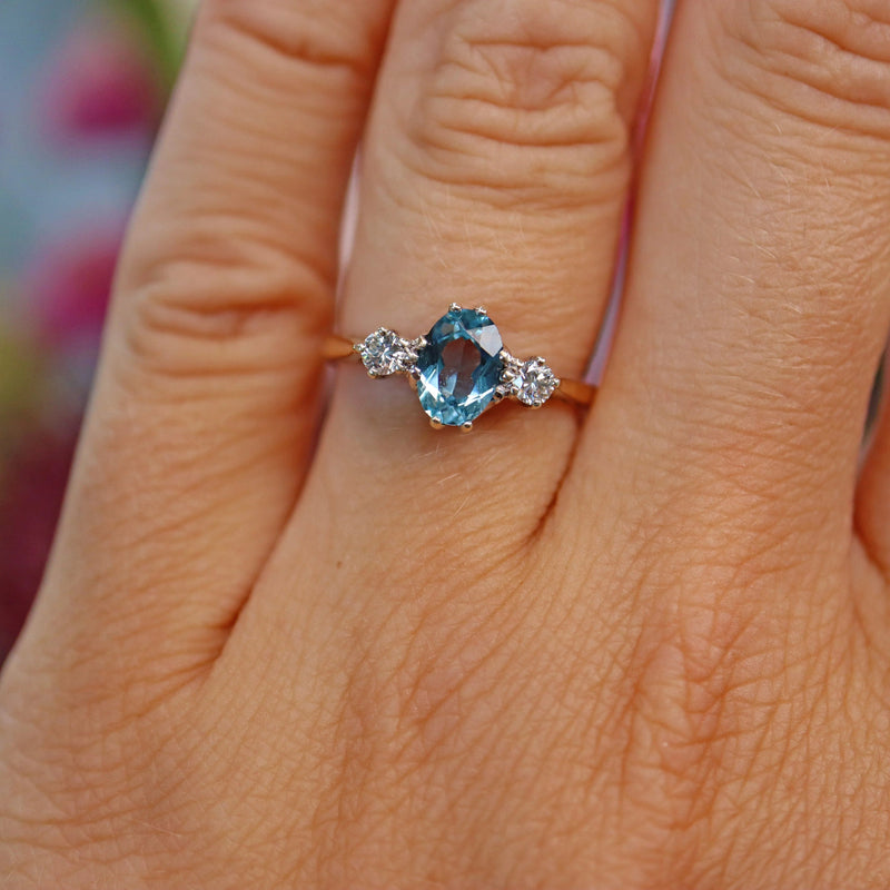 Ellibelle Jewellery Vintage 1981 Aquamarine & Diamond Three Stone Ring