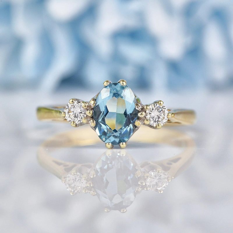 Ellibelle Jewellery Vintage 1981 Aquamarine & Diamond Three Stone Ring