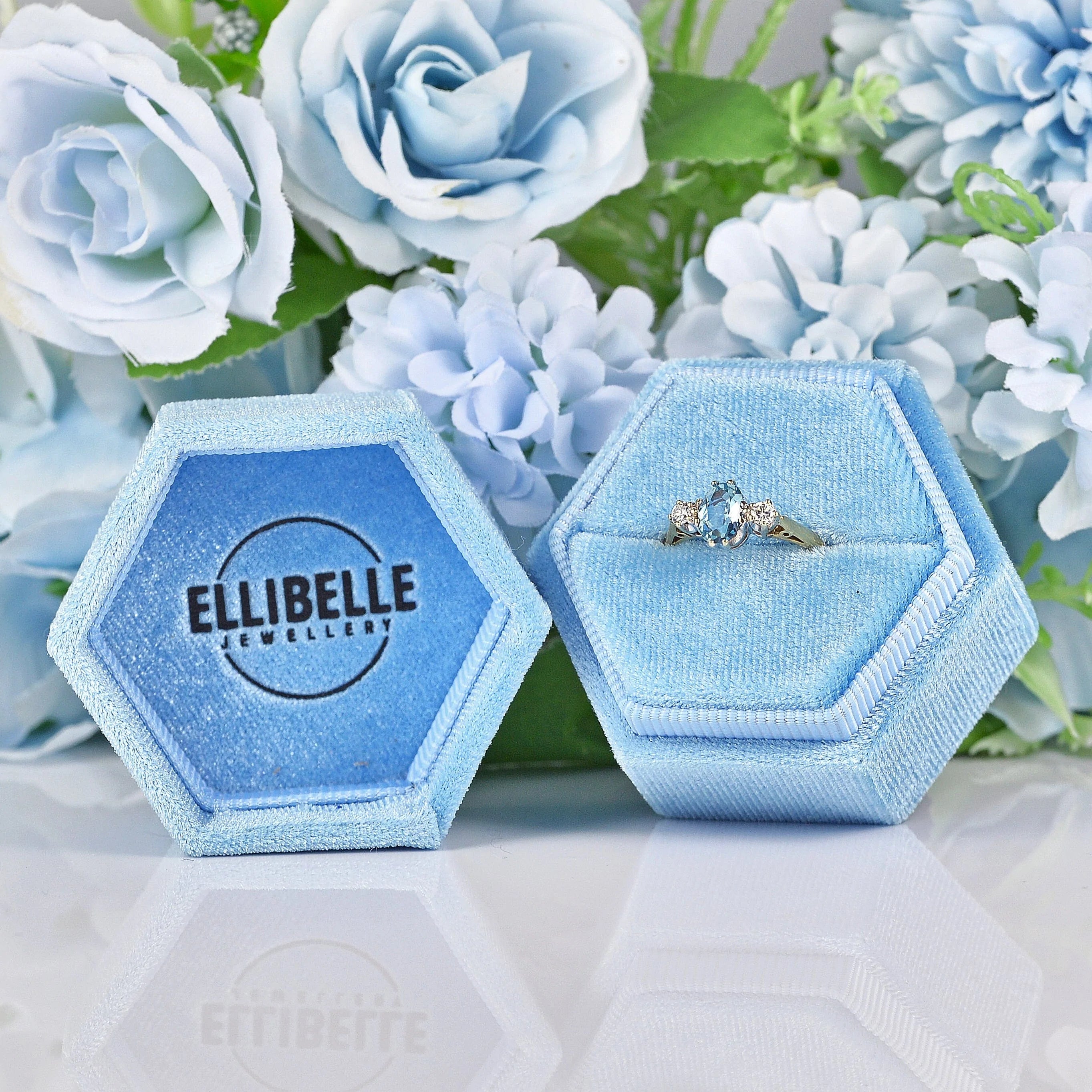 Ellibelle Jewellery Vintage 1981 Aquamarine & Diamond Three Stone Ring