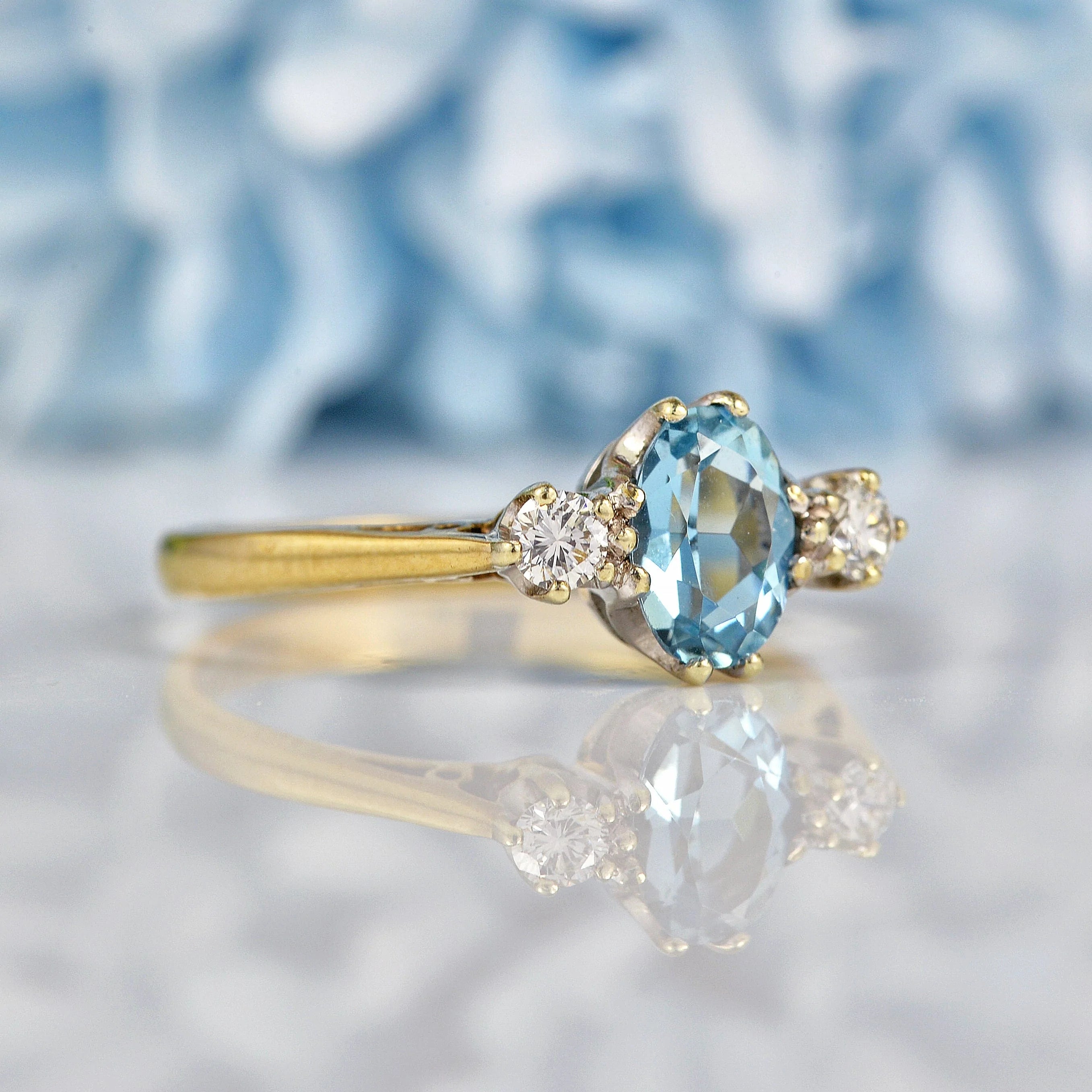 Ellibelle Jewellery Vintage 1981 Aquamarine & Diamond Three Stone Ring