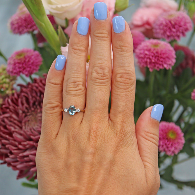 Ellibelle Jewellery Vintage 1981 Aquamarine & Diamond Three Stone Ring