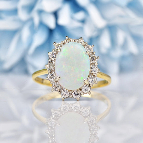 Ellibelle Jewellery Vintage 1981 Natural Opal & Diamond 18ct Gold Cluster Ring