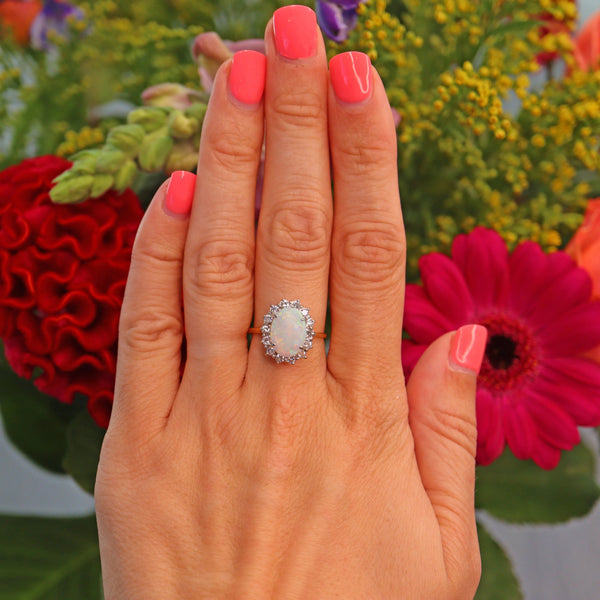 Ellibelle Jewellery Vintage 1981 Natural Opal & Diamond 18ct Gold Cluster Ring