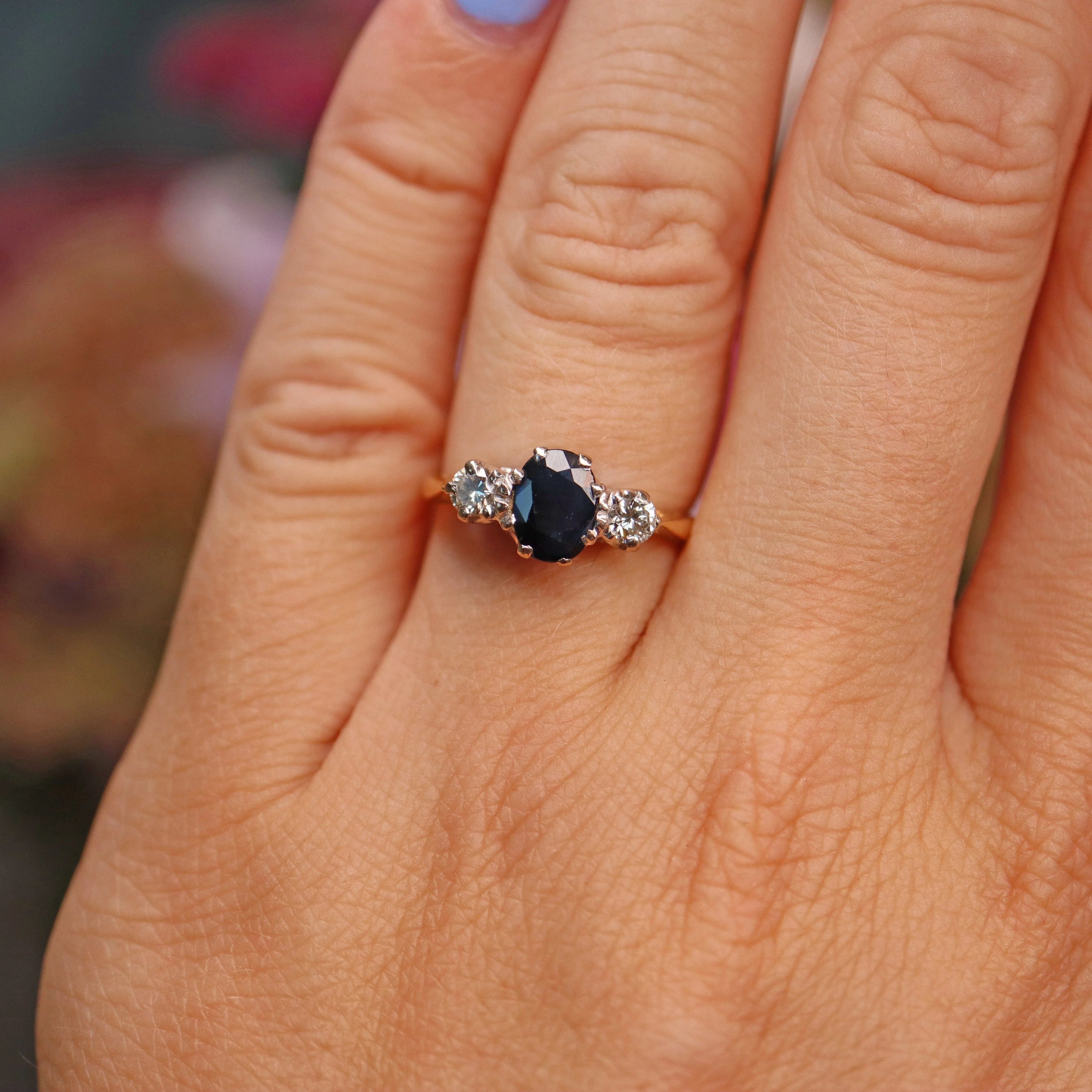 Ellibelle Jewellery Vintage 1983 Blue Sapphire & Diamond Three Stone Ring