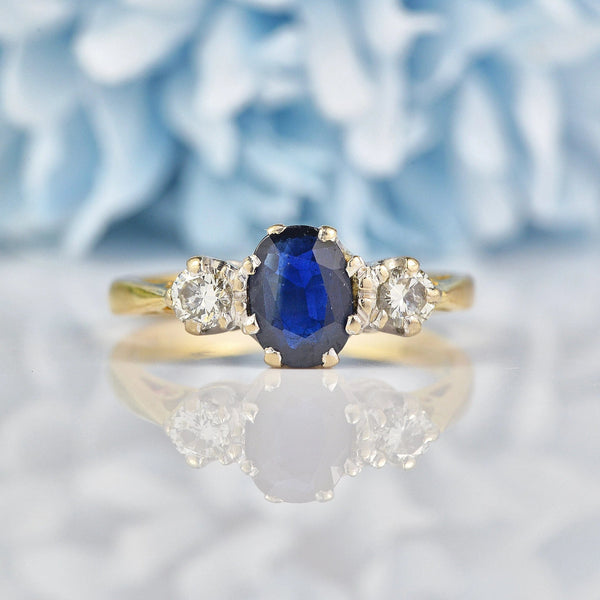 Ellibelle Jewellery Vintage 1983 Blue Sapphire & Diamond Three Stone Ring