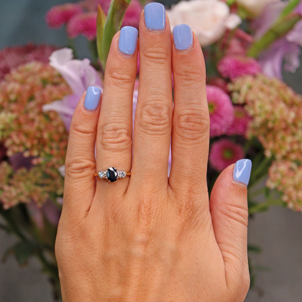 Ellibelle Jewellery Vintage 1983 Blue Sapphire & Diamond Three Stone Ring