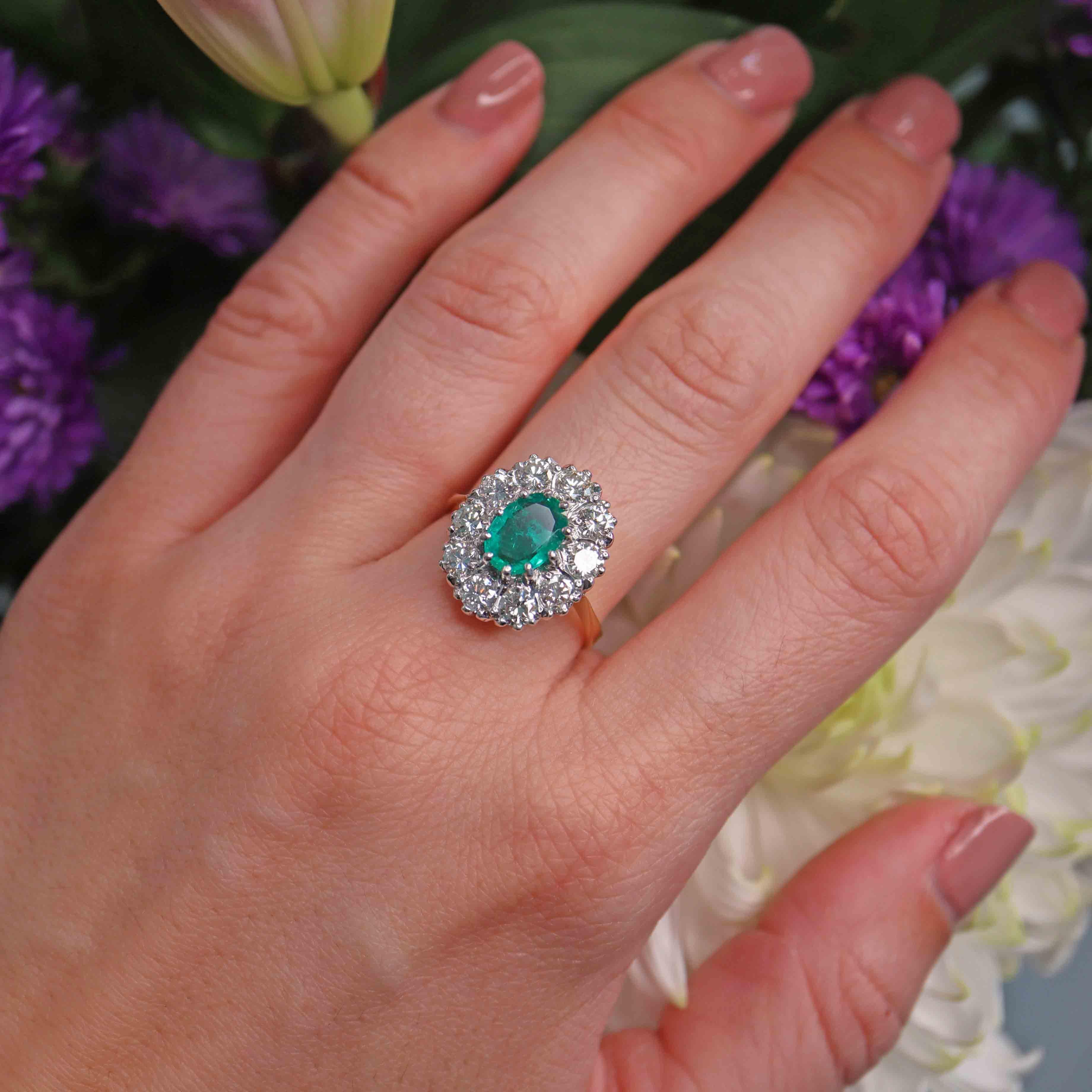 Ellibelle Jewellery Vintage 1983 Emerald & Diamond 18ct Gold Cluster Ring