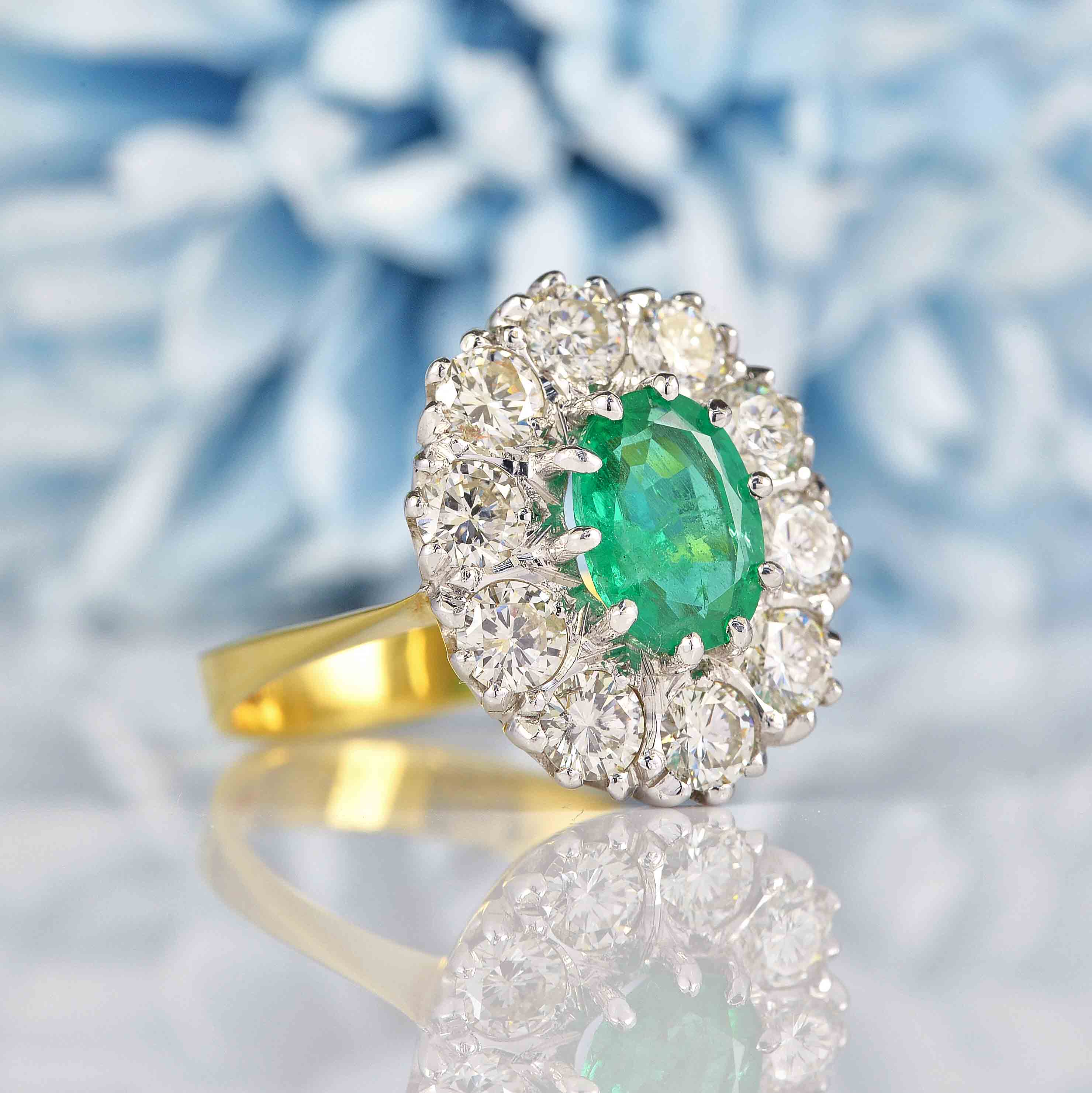 Ellibelle Jewellery Vintage 1983 Emerald & Diamond 18ct Gold Cluster Ring