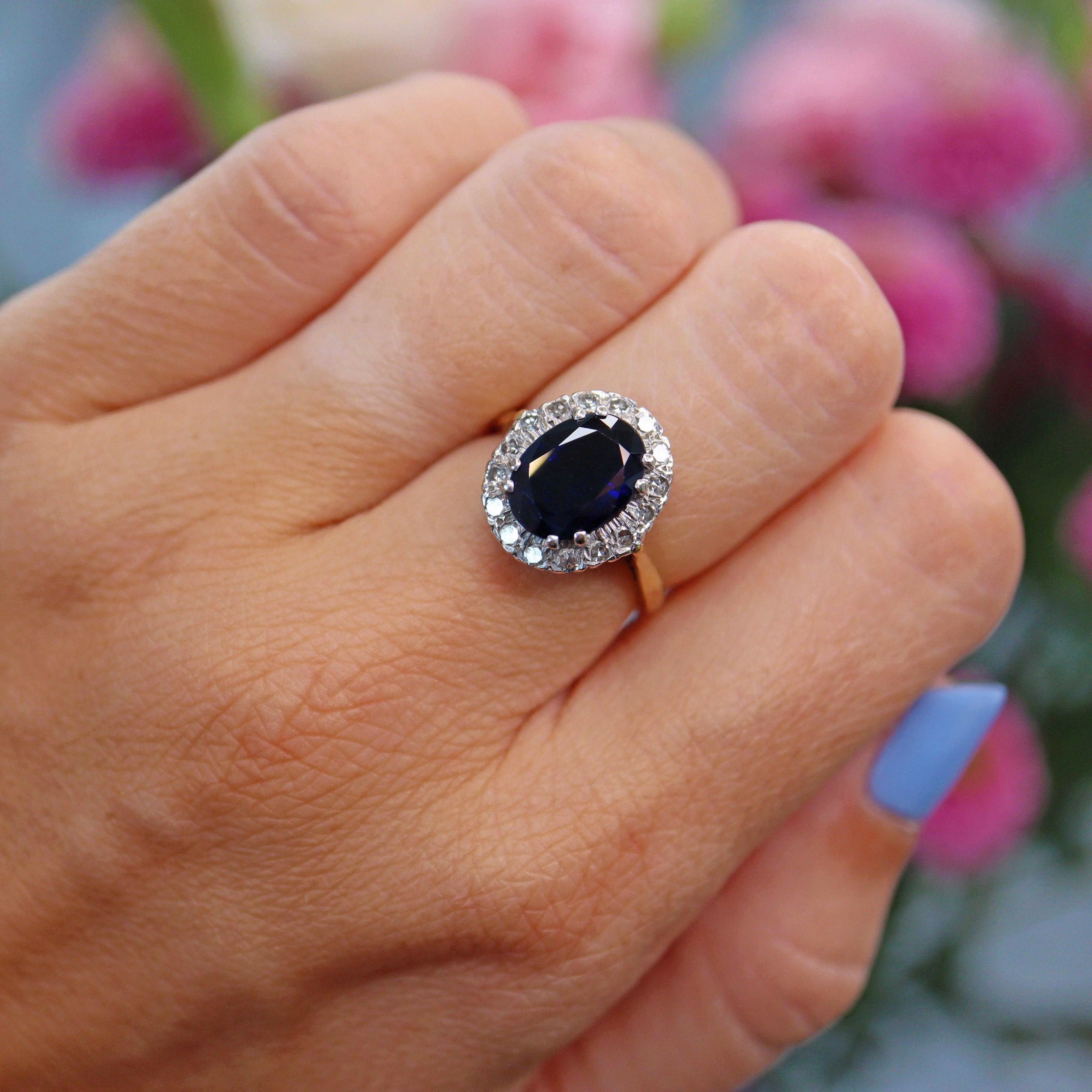 Ellibelle Jewellery Vintage 1986 Natural Blue Sapphire & Diamond Cluster Ring
