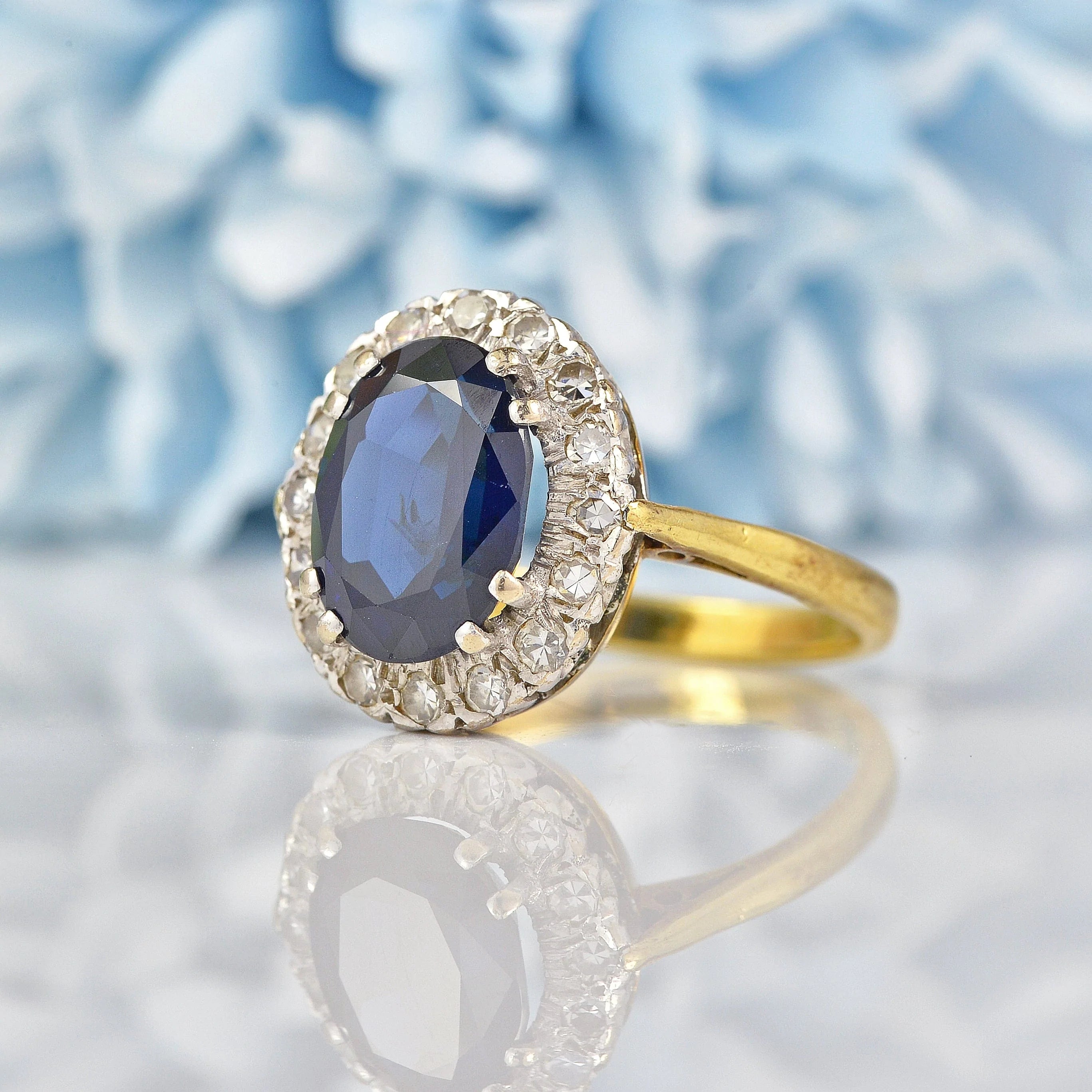 Ellibelle Jewellery Vintage 1986 Natural Blue Sapphire & Diamond Cluster Ring
