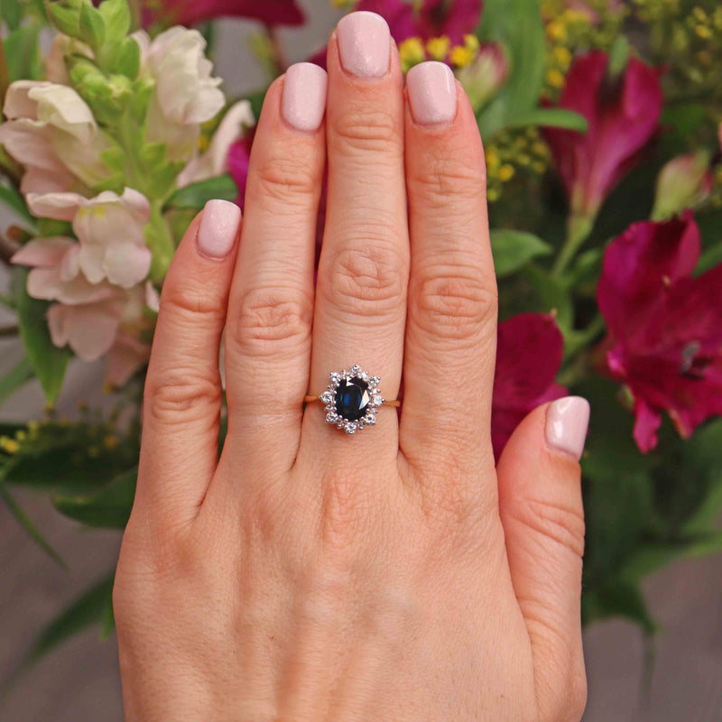 Ellibelle Jewellery Vintage 1986 Sapphire & Diamond 18ct Gold Cluster Ring