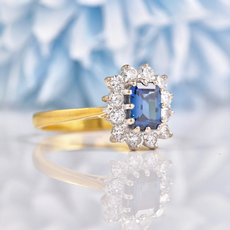 Ellibelle Jewellery Vintage 1986 Teal Sapphire & Diamond 18ct Gold Cluster Ring