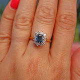 Ellibelle Jewellery Vintage 1986 Teal Sapphire & Diamond 18ct Gold Cluster Ring