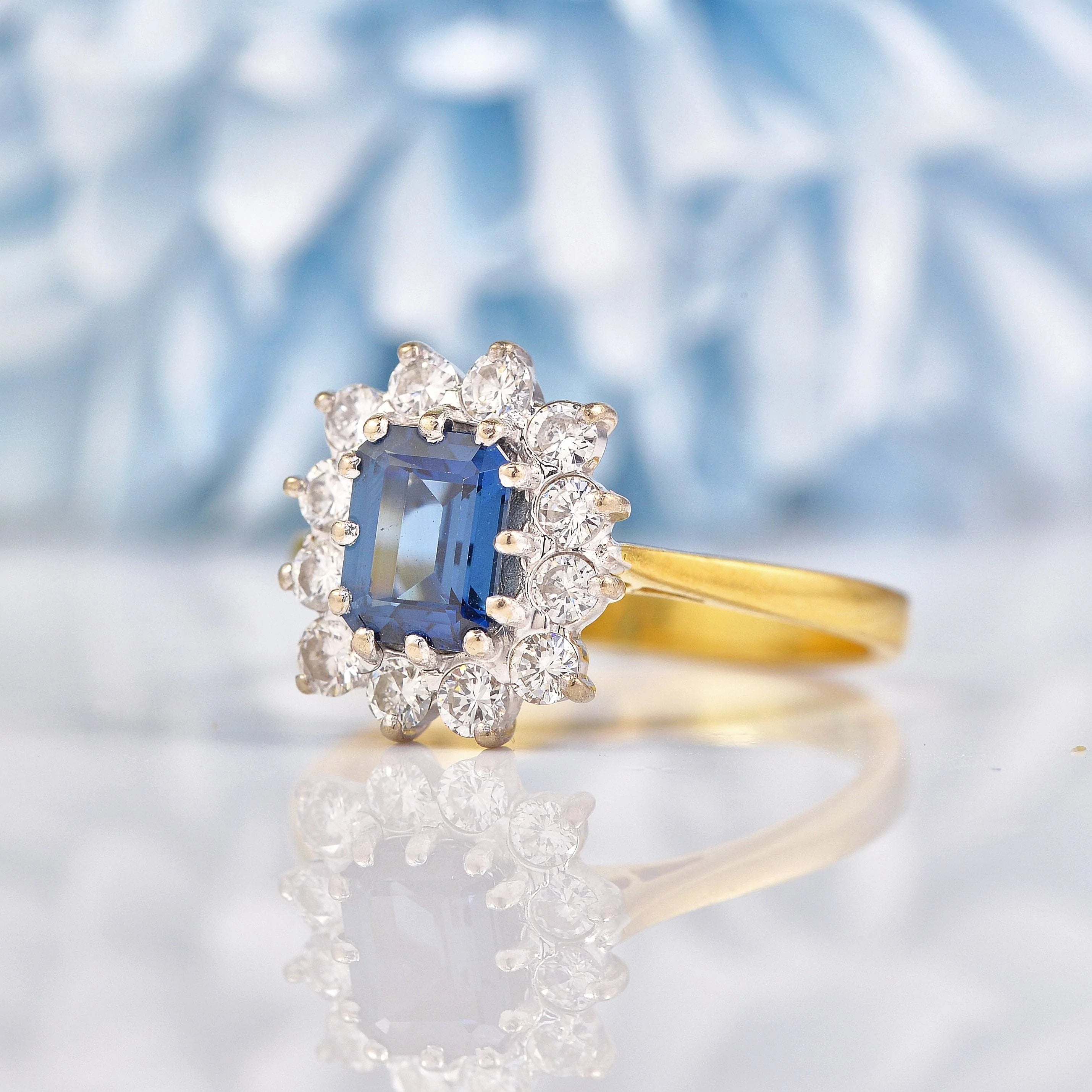 Ellibelle Jewellery Vintage 1986 Teal Sapphire & Diamond 18ct Gold Cluster Ring