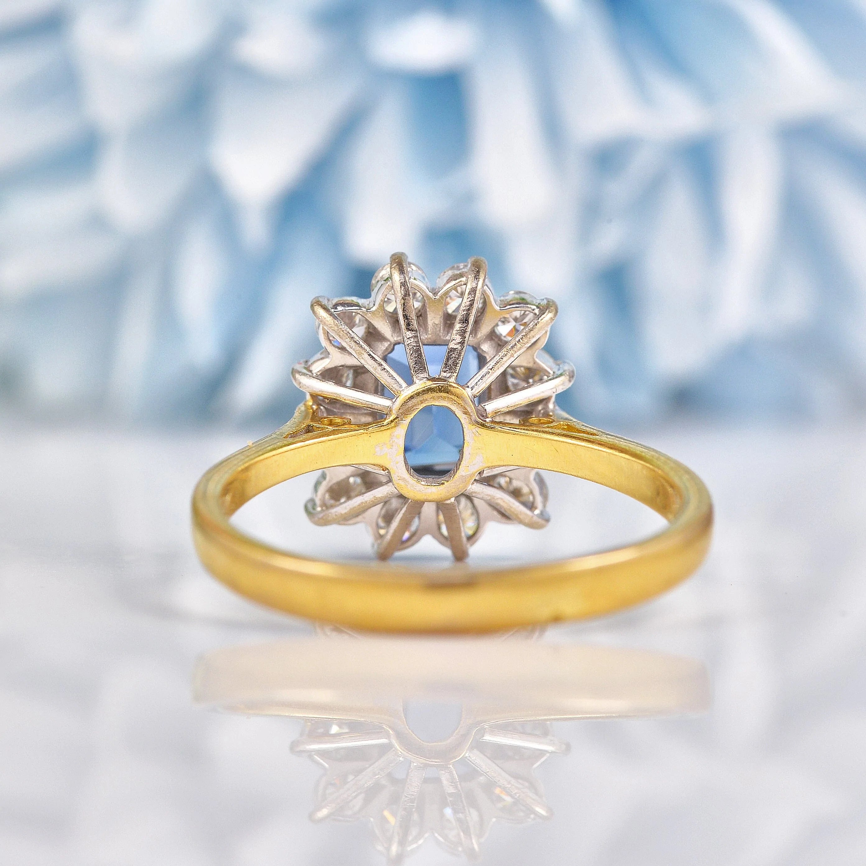 Ellibelle Jewellery Vintage 1986 Teal Sapphire & Diamond 18ct Gold Cluster Ring
