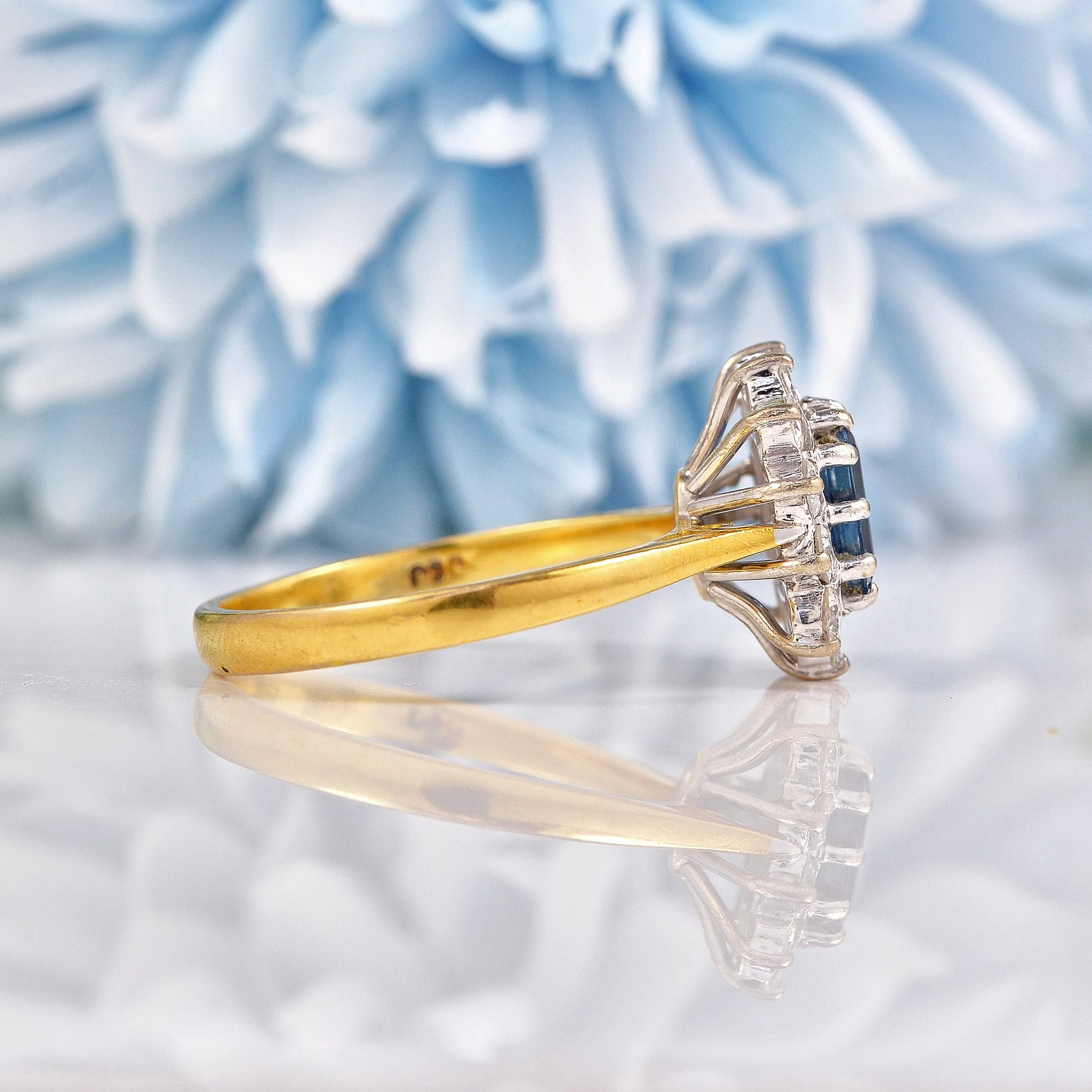 Ellibelle Jewellery Vintage 1986 Teal Sapphire & Diamond 18ct Gold Cluster Ring