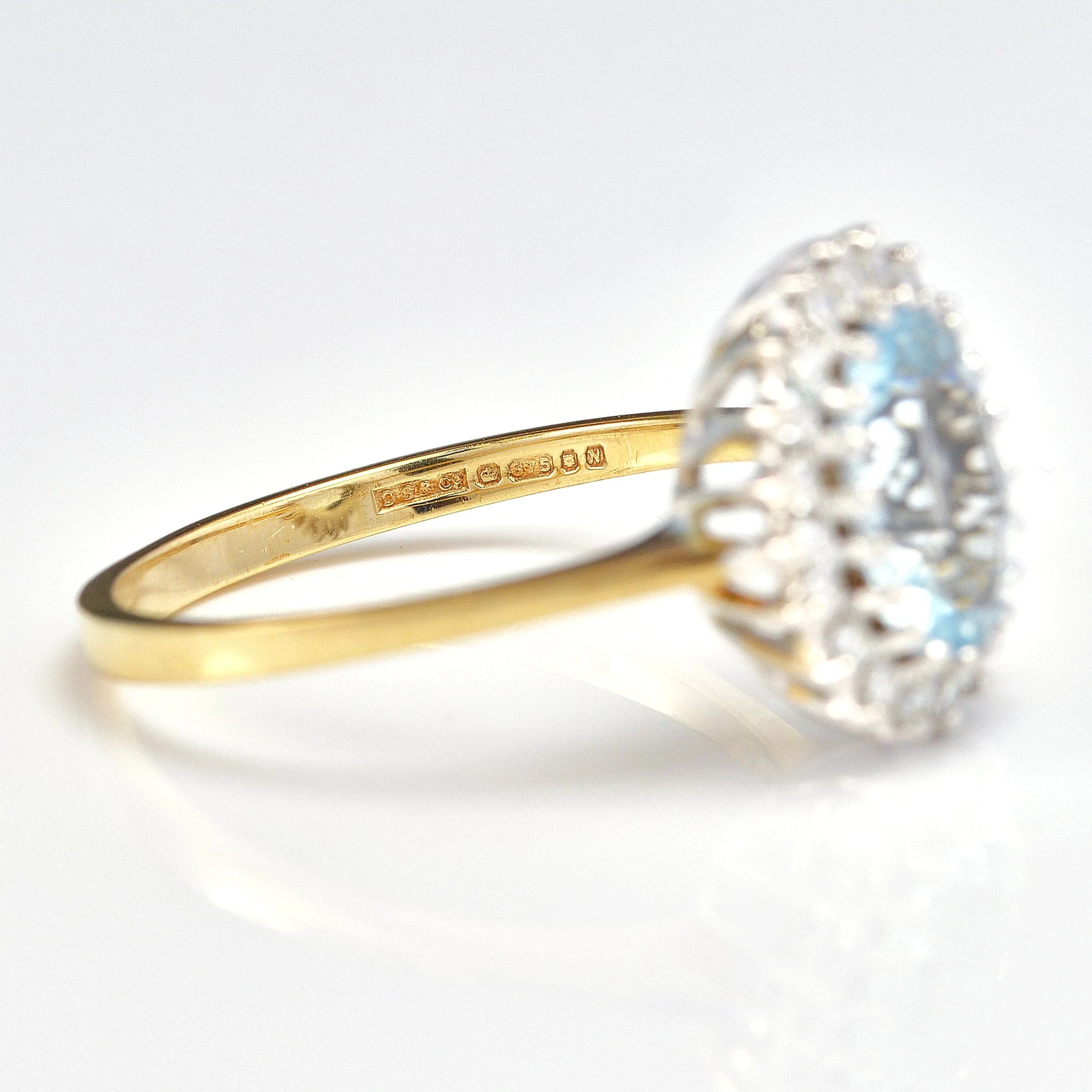 Ellibelle Jewellery Vintage 1987 Aquamarine & Diamond Gold Halo Ring