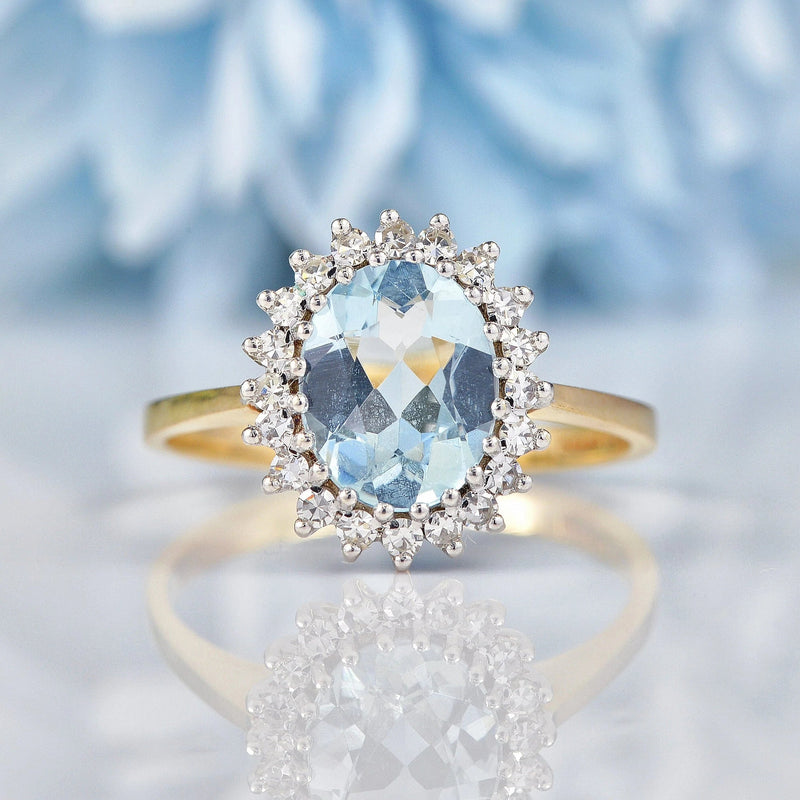 Ellibelle Jewellery Vintage 1987 Aquamarine & Diamond Gold Halo Ring