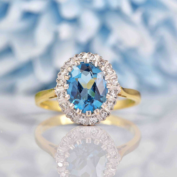 Ellibelle Jewellery Vintage 1987 London Blue Topaz & Diamond 18ct Gold Cluster Ring