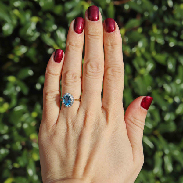 Ellibelle Jewellery Vintage 1987 London Blue Topaz & Diamond 18ct Gold Cluster Ring
