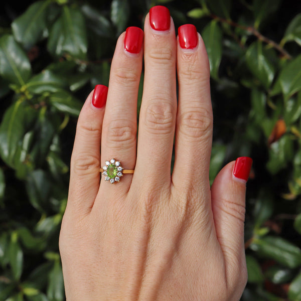Ellibelle Jewellery Vintage 1987 Peridot & Diamond 18ct Gold Cluster Ring