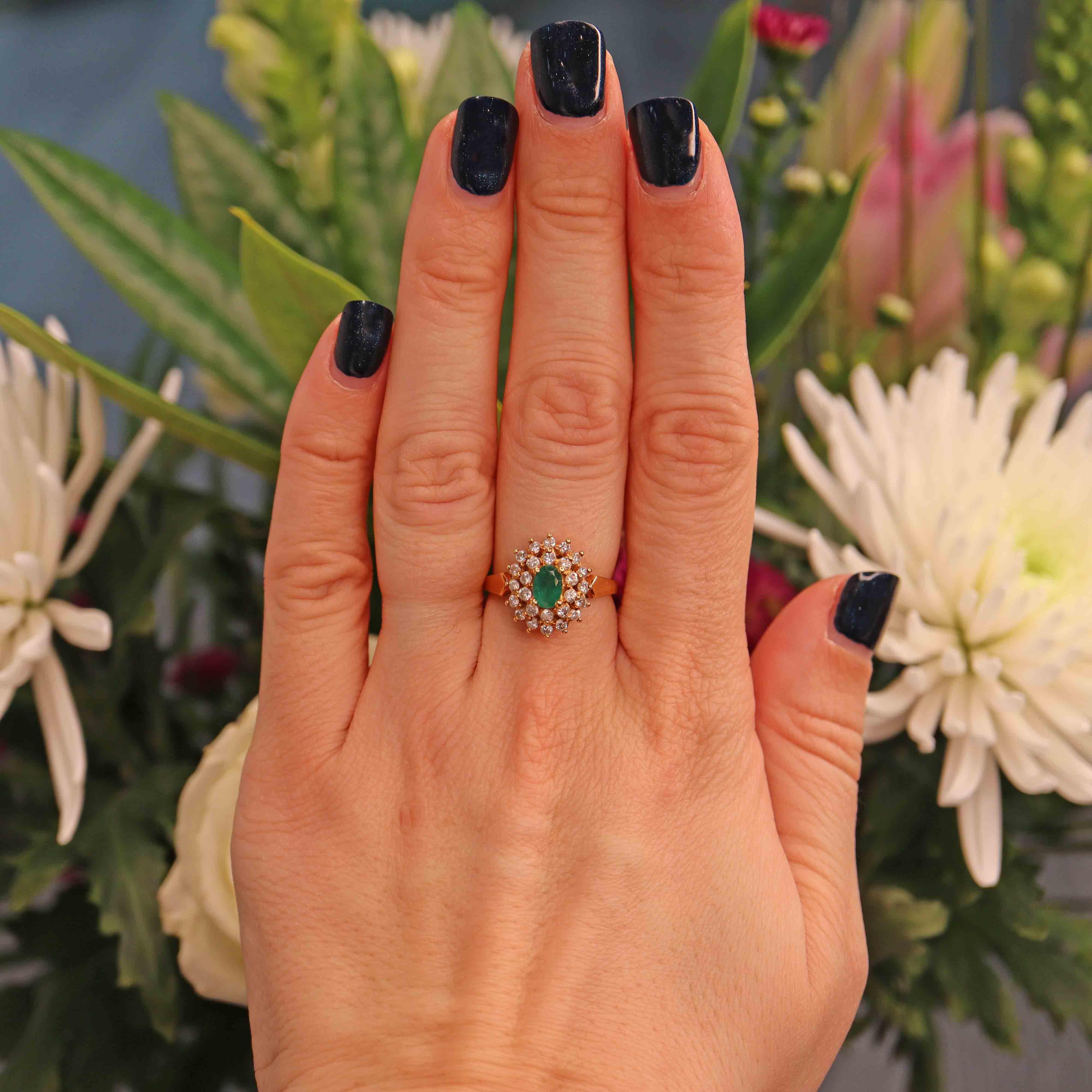 Ellibelle Jewellery Vintage 1988 Emerald & Diamond 18ct Gold Cluster Ring
