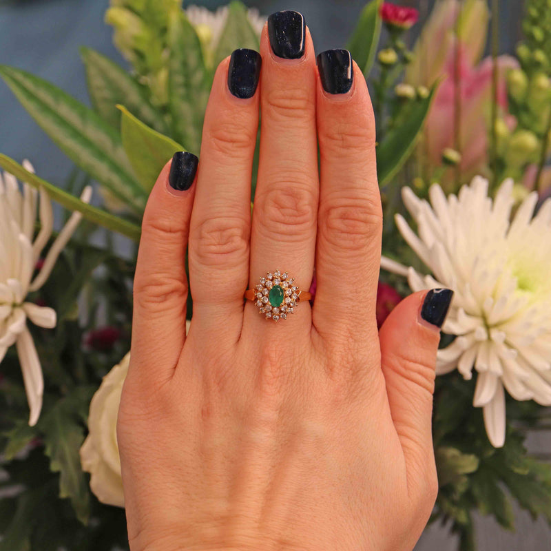 Ellibelle Jewellery Vintage 1988 Emerald & Diamond 18ct Gold Cluster Ring
