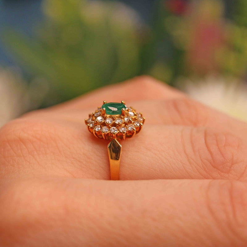 Ellibelle Jewellery Vintage 1988 Emerald & Diamond 18ct Gold Cluster Ring