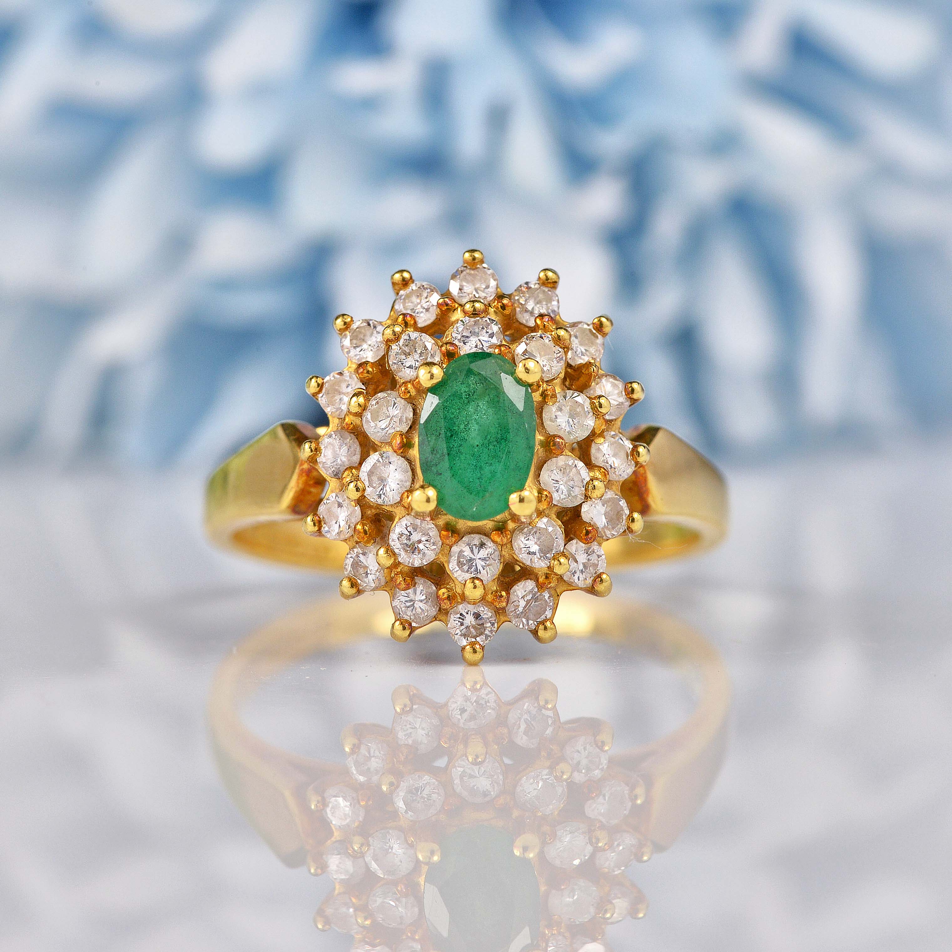 Ellibelle Jewellery Vintage 1988 Emerald & Diamond 18ct Gold Cluster Ring