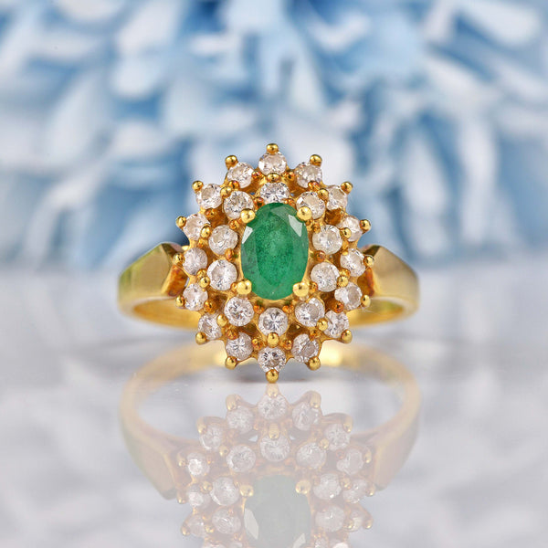 Ellibelle Jewellery Vintage 1988 Emerald & Diamond 18ct Gold Cluster Ring