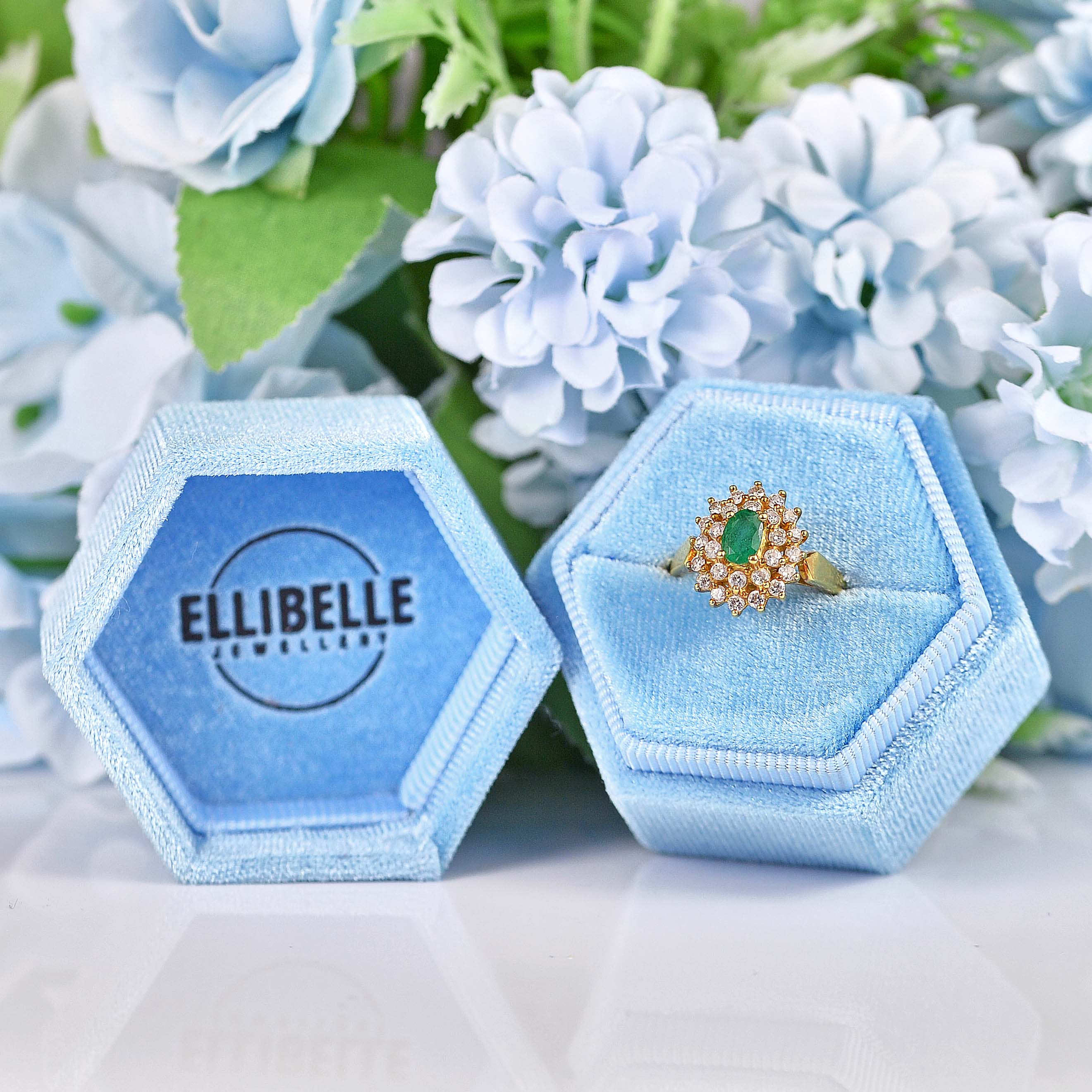Ellibelle Jewellery Vintage 1988 Emerald & Diamond 18ct Gold Cluster Ring