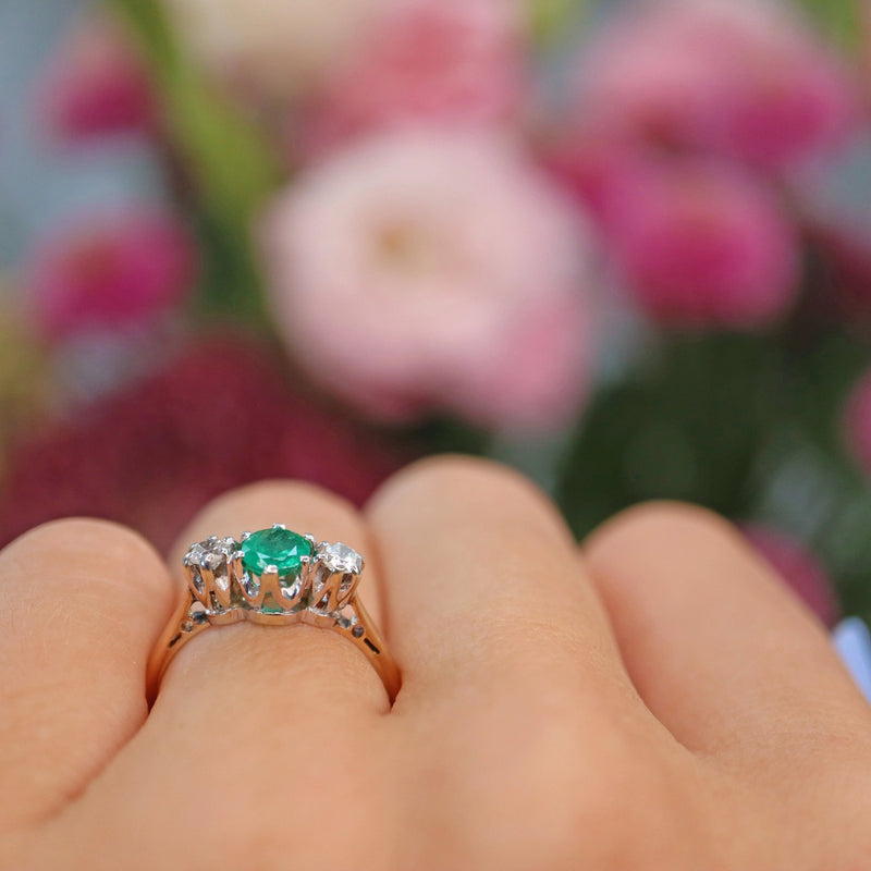 Ellibelle Jewellery Vintage 1988 Emerald & Diamond Three Stone Ring