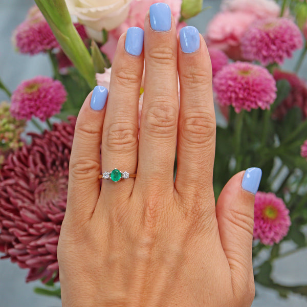 Ellibelle Jewellery Vintage 1988 Emerald & Diamond Three Stone Ring