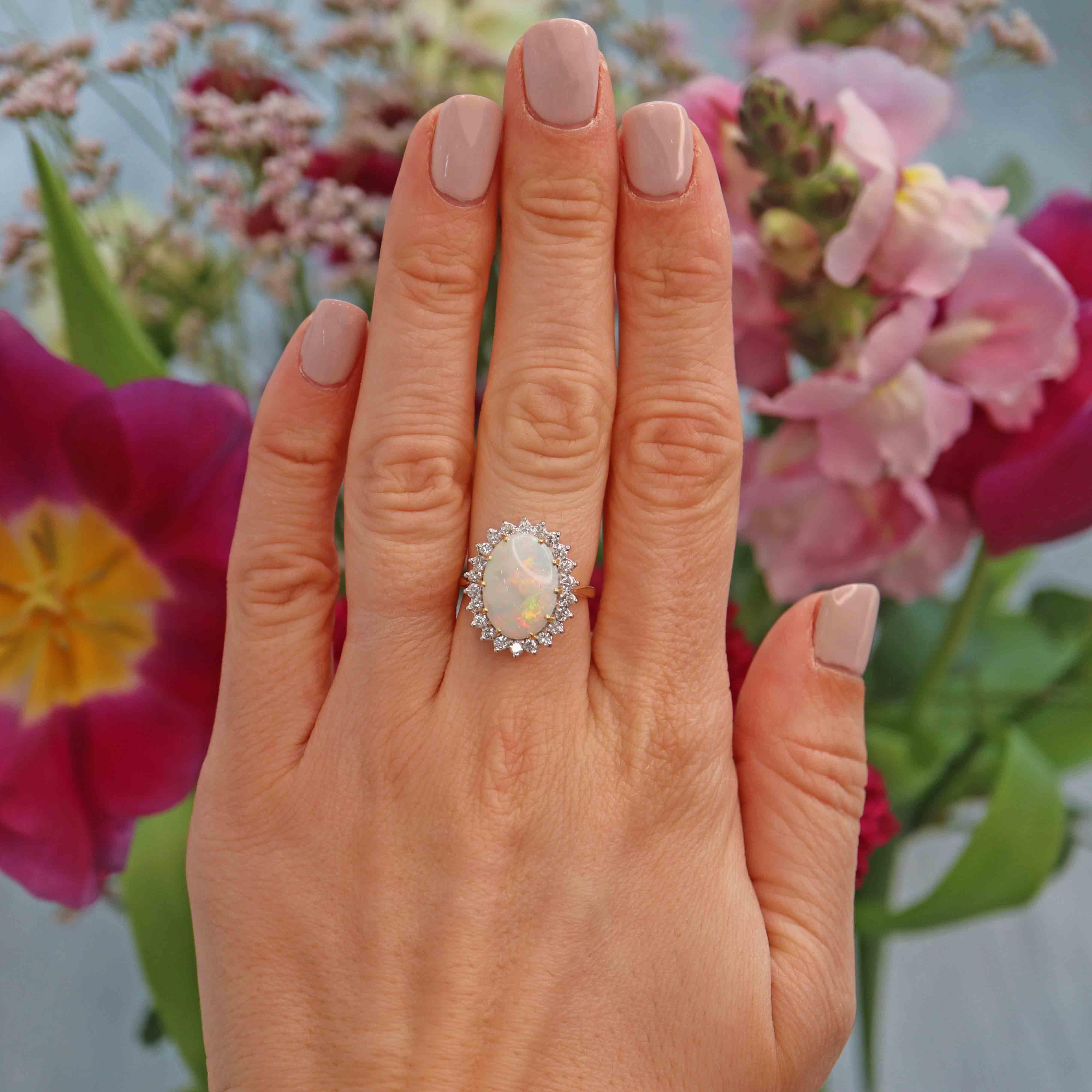 Ellibelle Jewellery Vintage 1988 Natural Opal & Diamond Cluster Ring