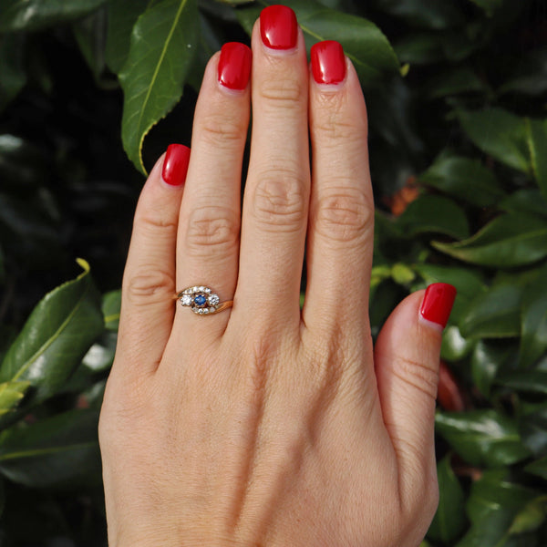 Ellibelle Jewellery Vintage 1988 Sapphire & Diamond Three Stone Bypass Ring