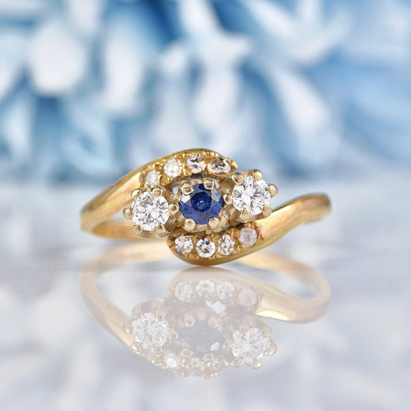 Ellibelle Jewellery Vintage 1988 Sapphire & Diamond Three Stone Bypass Ring