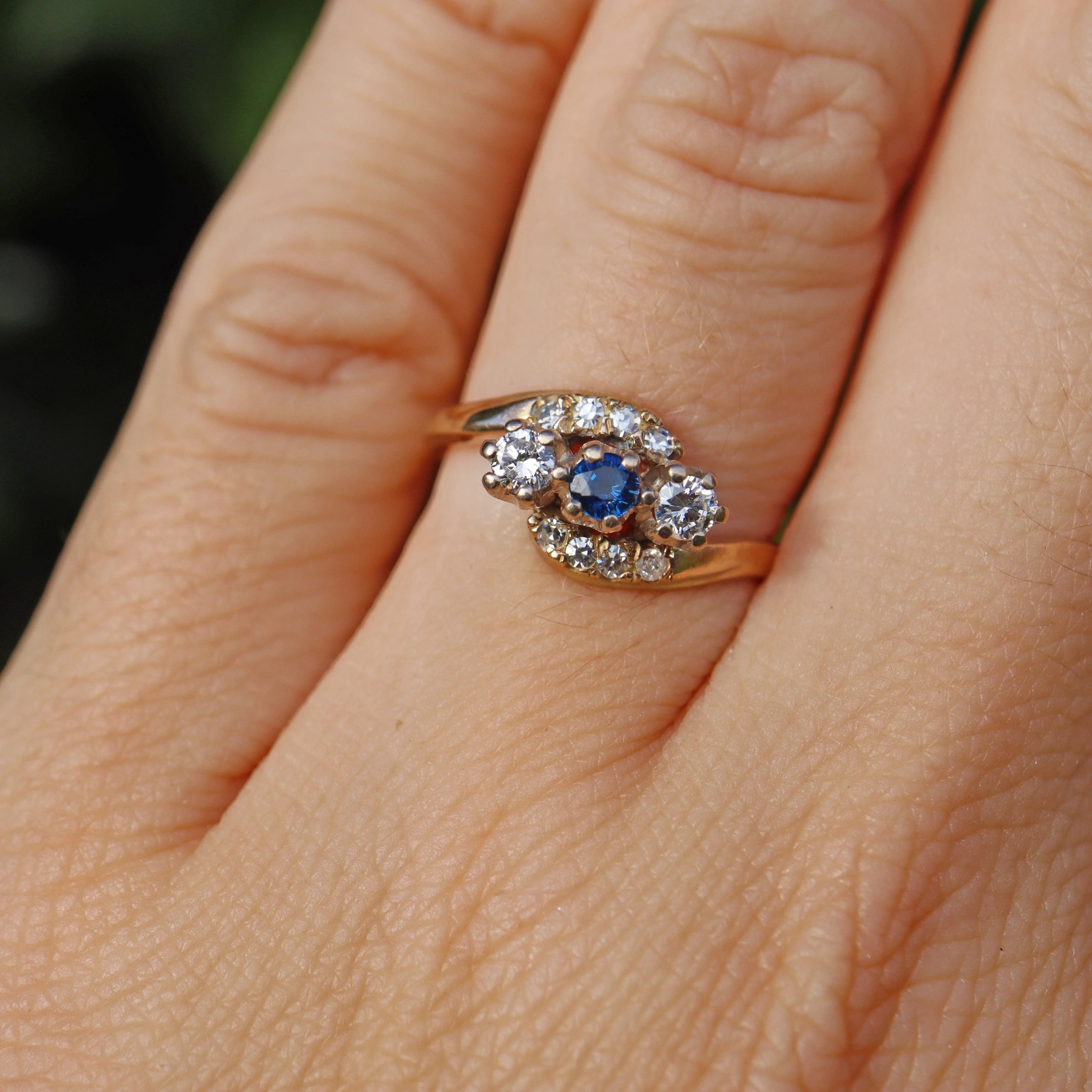 Ellibelle Jewellery Vintage 1988 Sapphire & Diamond Three Stone Bypass Ring