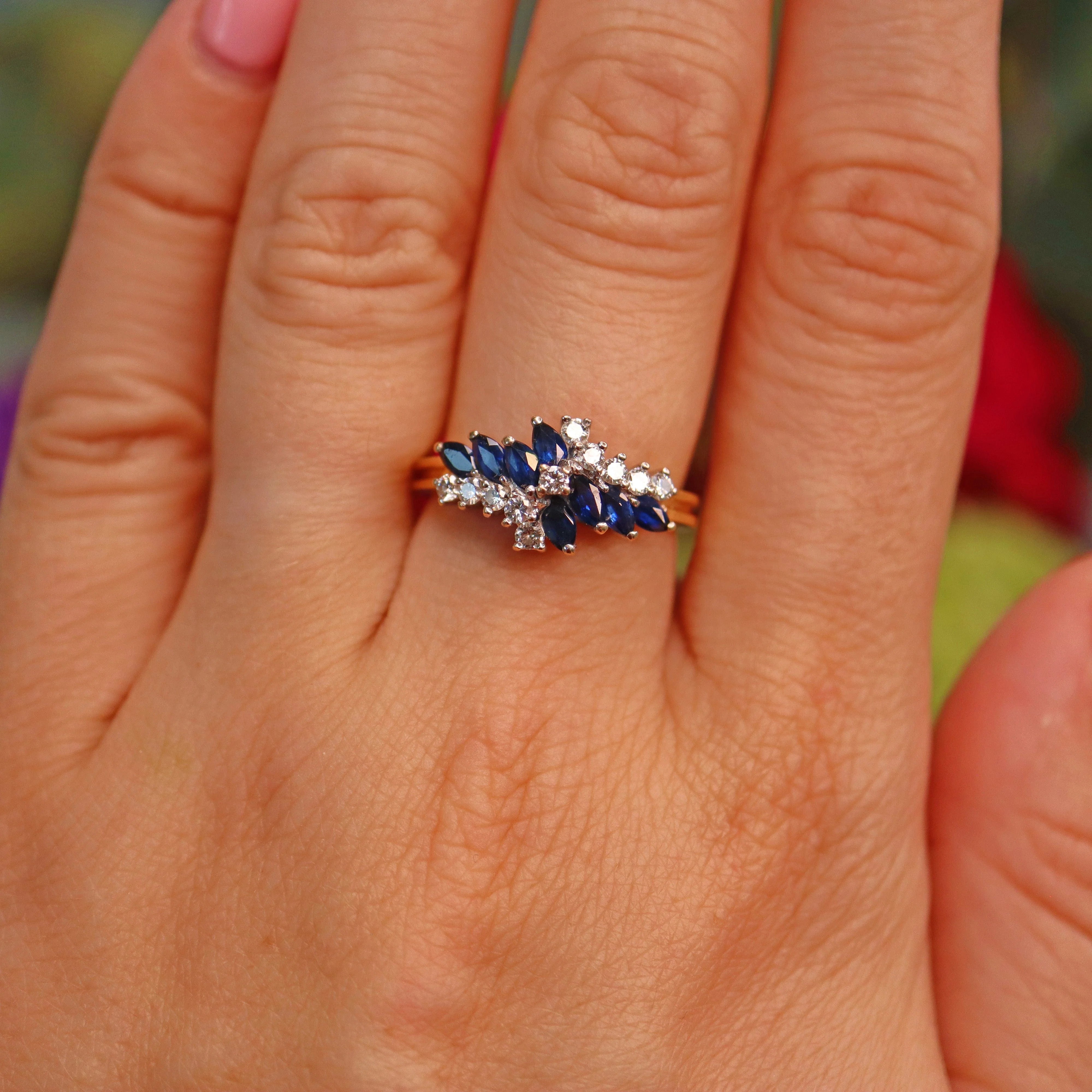 Ellibelle Jewellery Vintage 1989 Blue Sapphire & Diamond Marquise Cluster Ring
