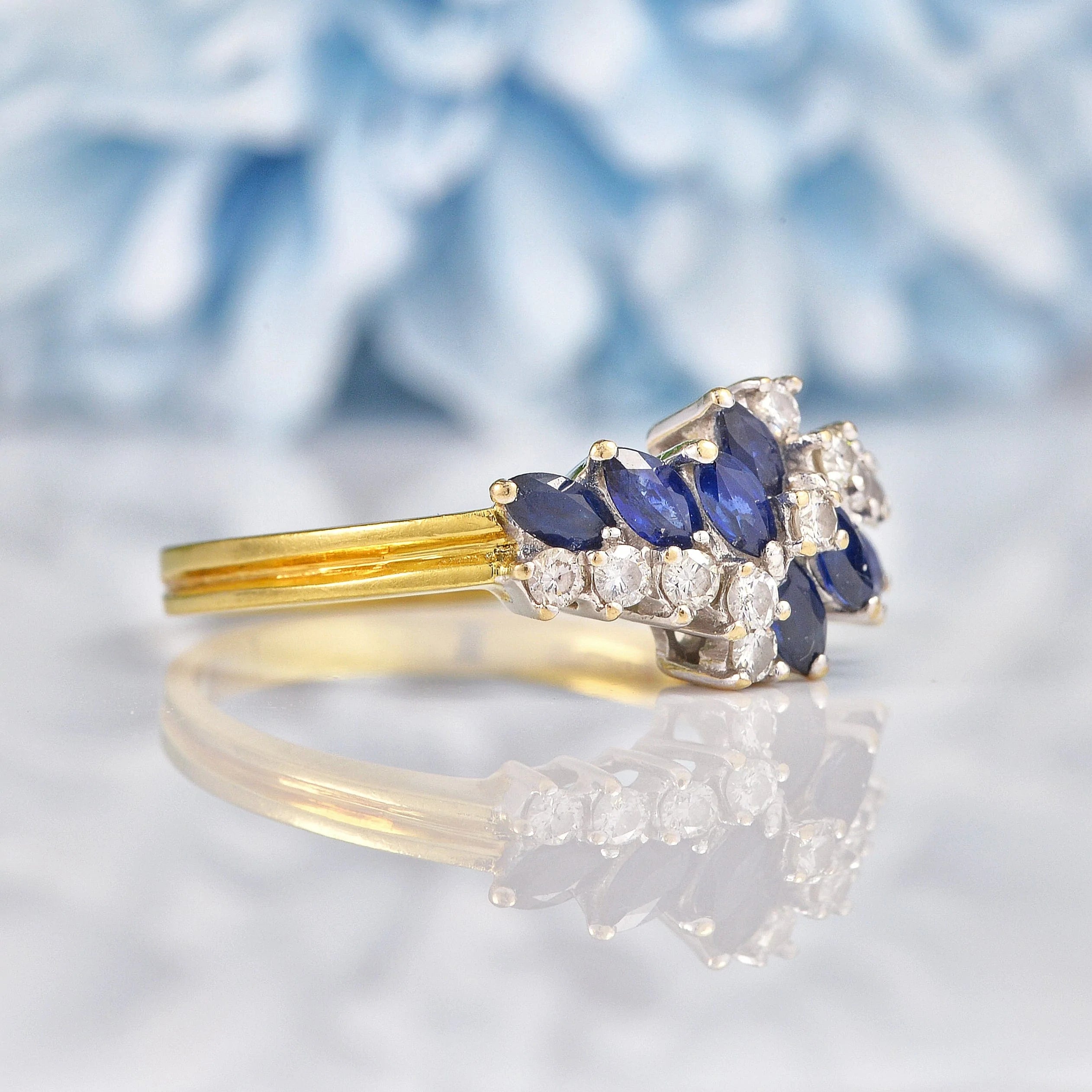 Ellibelle Jewellery Vintage 1989 Blue Sapphire & Diamond Marquise Cluster Ring