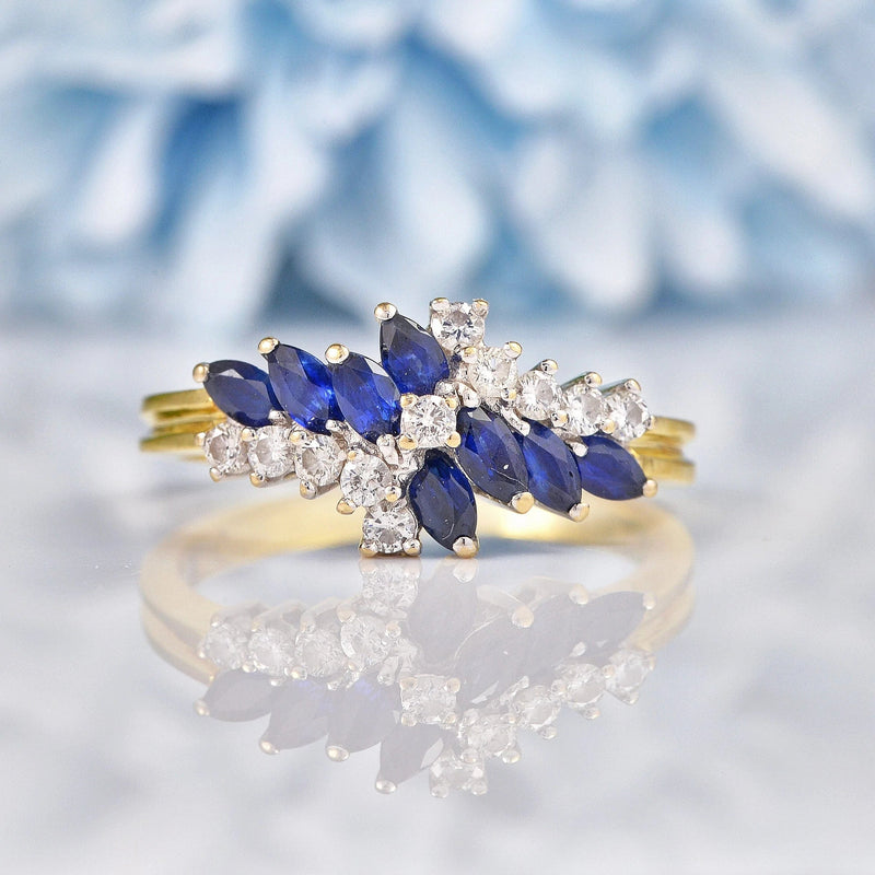 Ellibelle Jewellery Vintage 1989 Blue Sapphire & Diamond Marquise Cluster Ring