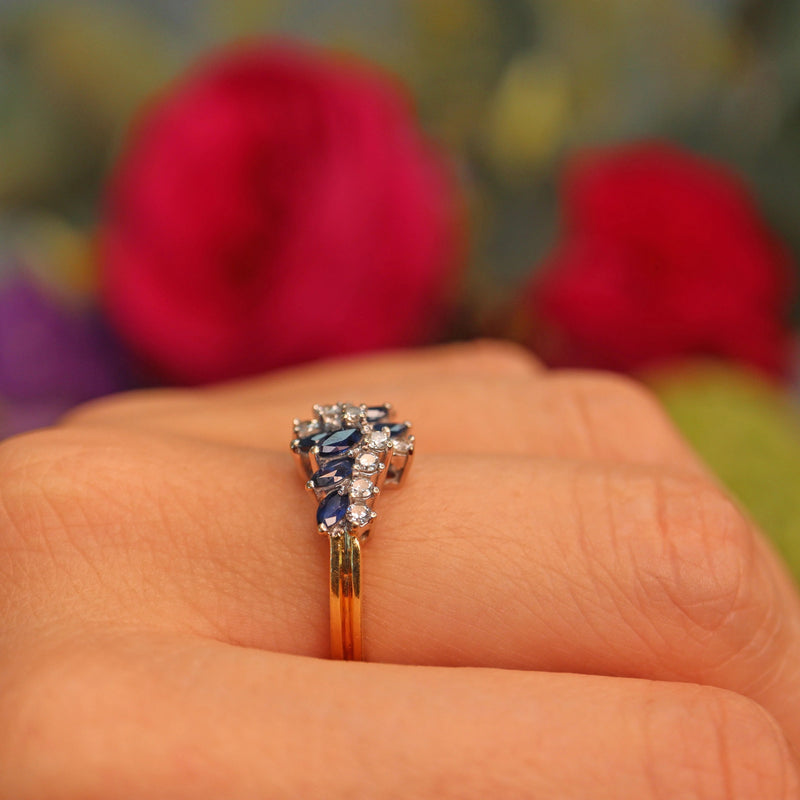 Ellibelle Jewellery Vintage 1989 Blue Sapphire & Diamond Marquise Cluster Ring