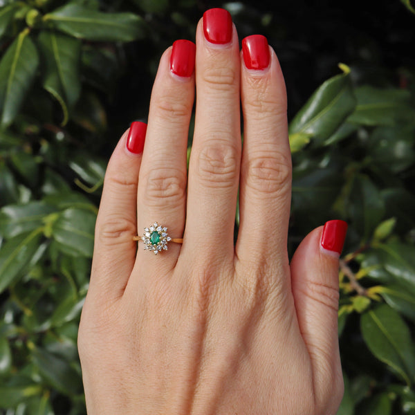 Ellibelle Jewellery Vintage 1989 Emerald & Diamond 18ct Gold Cluster Ring