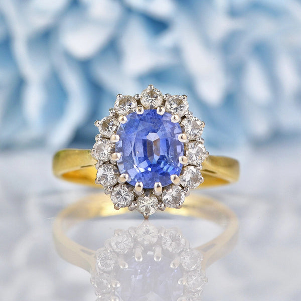 Ellibelle Jewellery Vintage 1990 Ceylon Sapphire & Diamond 18ct Gold Cluster Ring