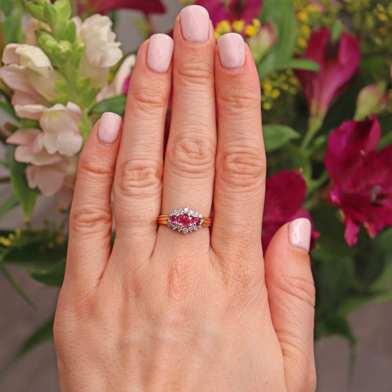 Ellibelle Jewellery Vintage 1990 Ruby & Diamond 18ct Gold Cluster Ring